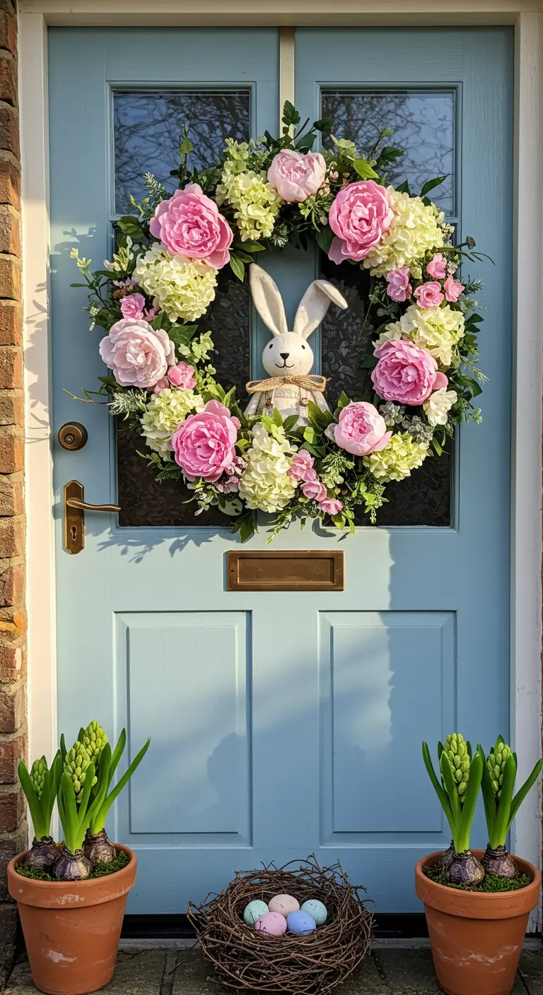 Couronne de pivoines roses avec un lapin en peluche sur une porte bleue.