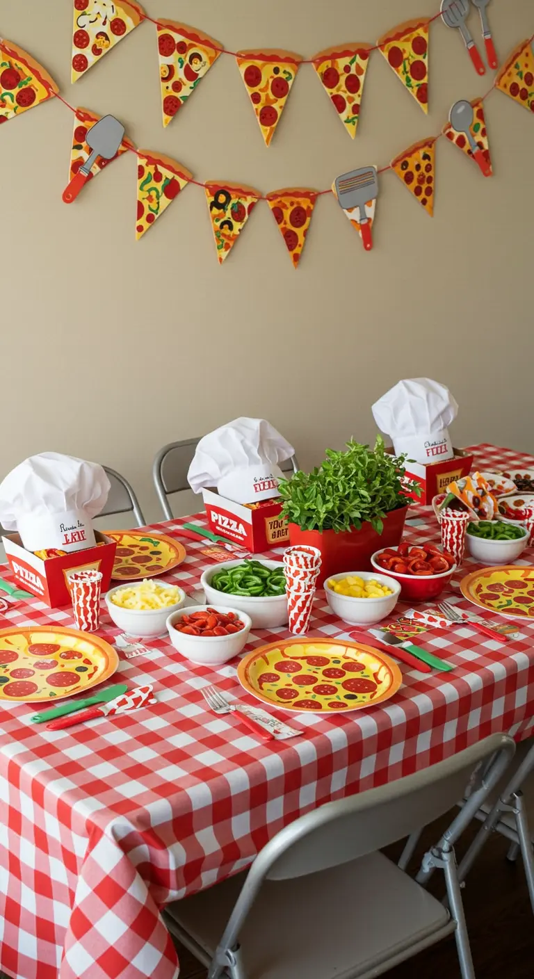Table de pizza party avec nappe à carreaux, toques de chef et ingrédients à pizza.