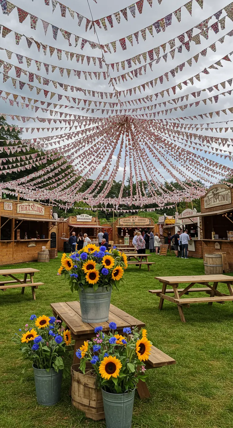 Place de marché festive avec une multitude de guirlandes de fanions, stands en bois, tables de pique-nique et bouquets de tournesols.