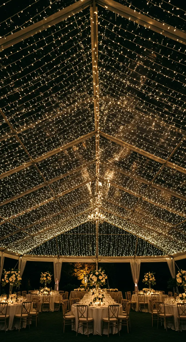 Intérieur d'une grande tente transparente dont le plafond est entièrement couvert de guirlandes lumineuses.