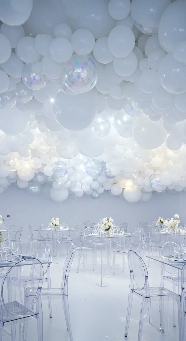 Plafond entièrement recouvert de ballons blancs et irisés.