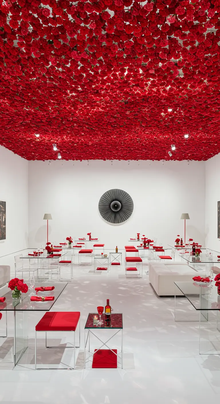 Salle blanche et moderne avec un plafond entièrement recouvert de fleurs rouges.