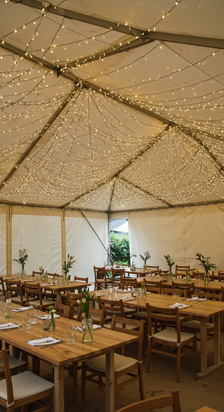 Plafond d'une tente entièrement recouvert de guirlandes lumineuses.