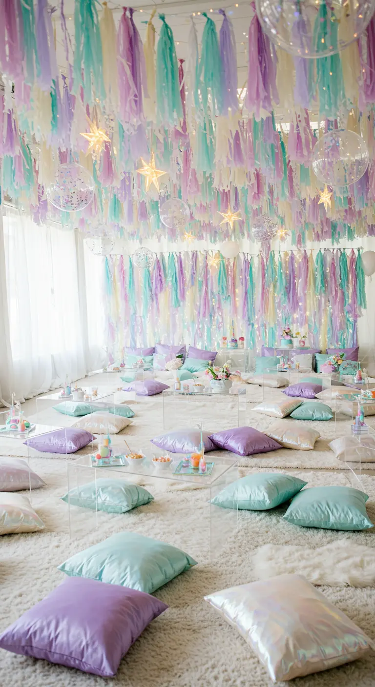 Pièce décorée de rubans pastel suspendus au plafond et de coussins irisés au sol.