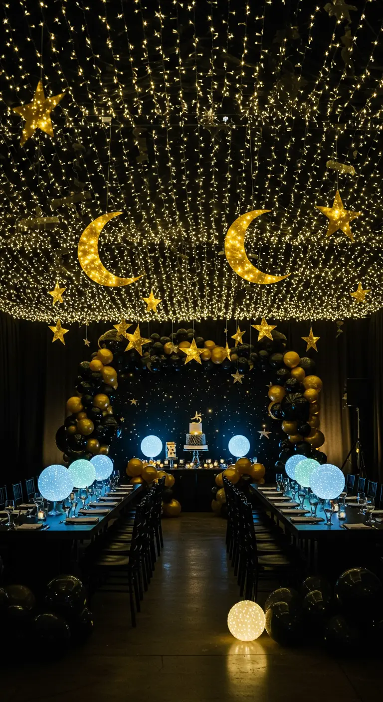 Plafond entièrement recouvert de guirlandes lumineuses créant un ciel étoilé.