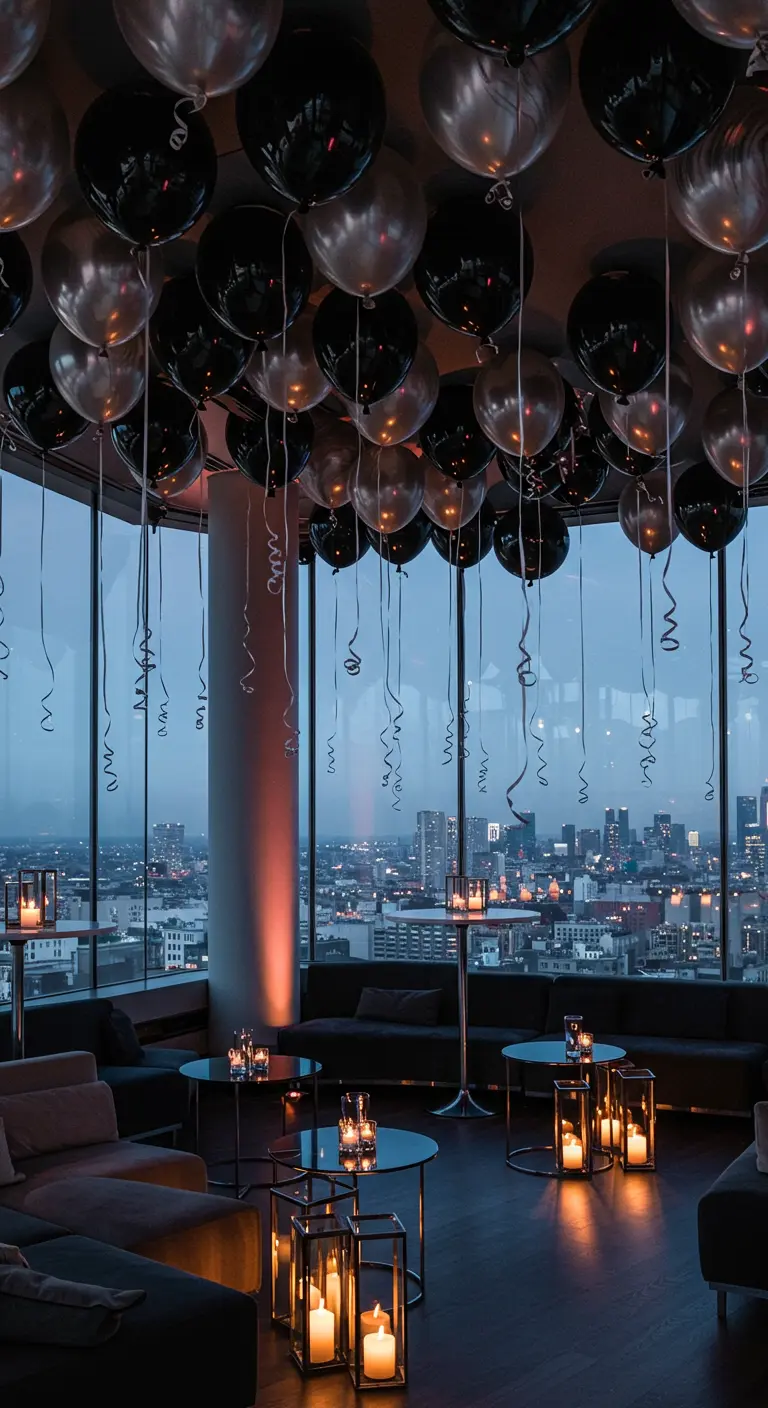 Plafond couvert de ballons noirs et argentés dans un appartement avec vue sur la ville.