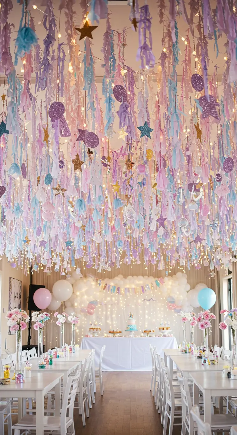 Salle de réception avec plafond décoré de rubans pastel suspendus et de guirlandes lumineuses.