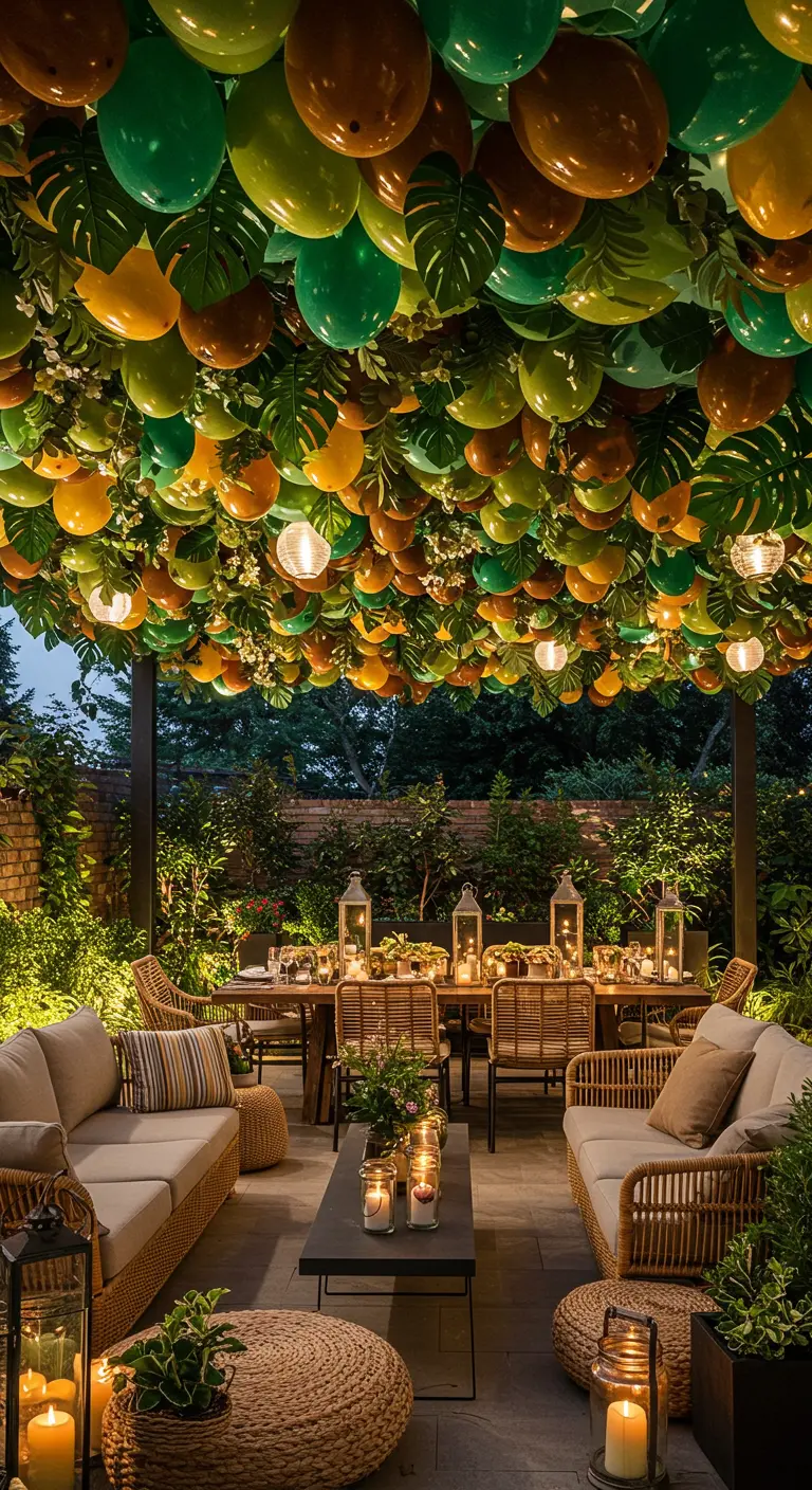 Plafond d'une terrasse couvert de ballons verts et de feuilles tropicales artificielles.