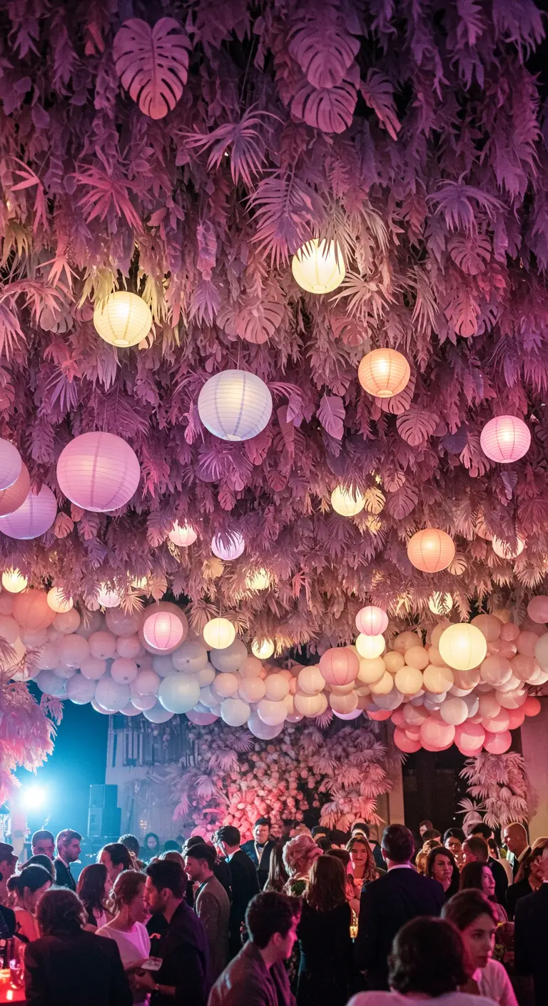 Plafond d'une salle de fête entièrement recouvert de feuillage tropical rose et de lampions.