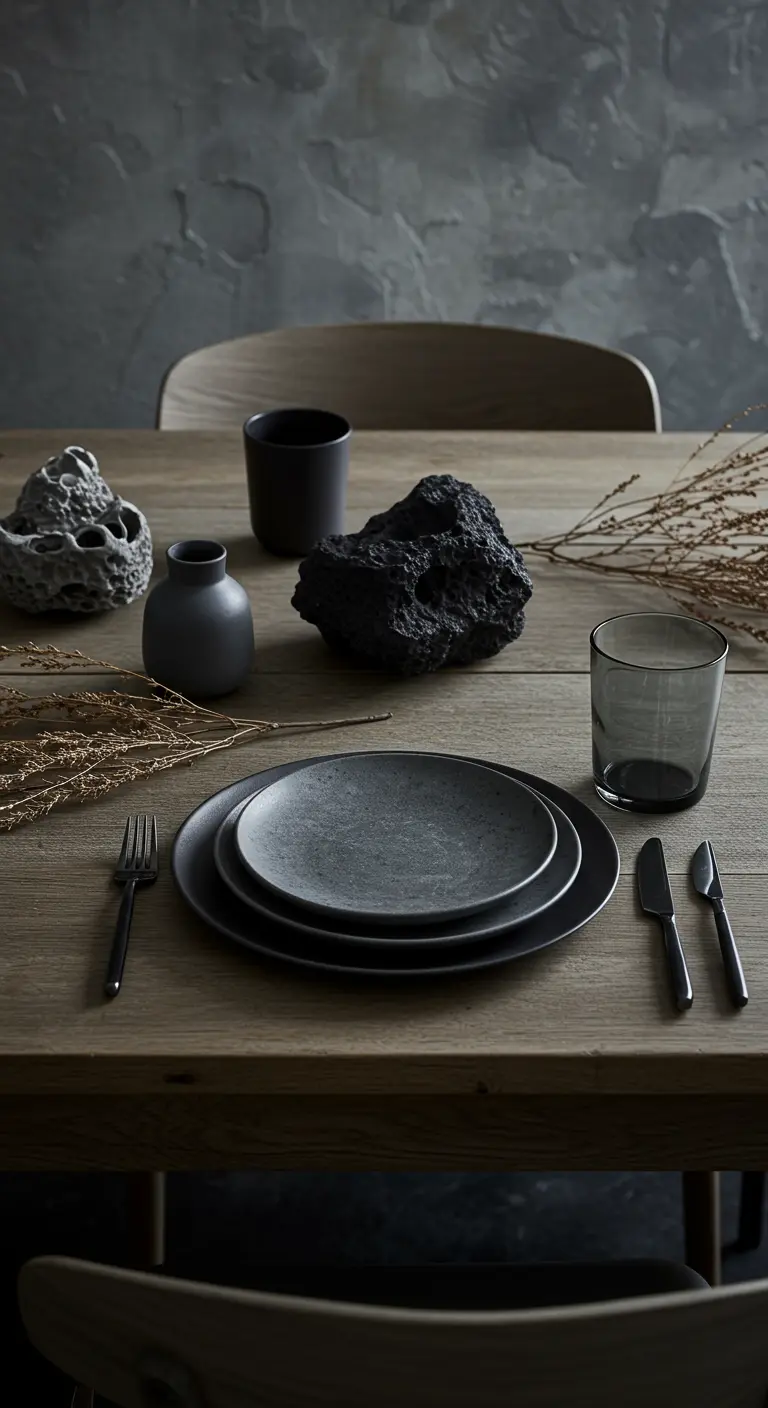 Table minimaliste avec de la vaisselle en grès gris foncé, des roches de lave et des herbes sèches.