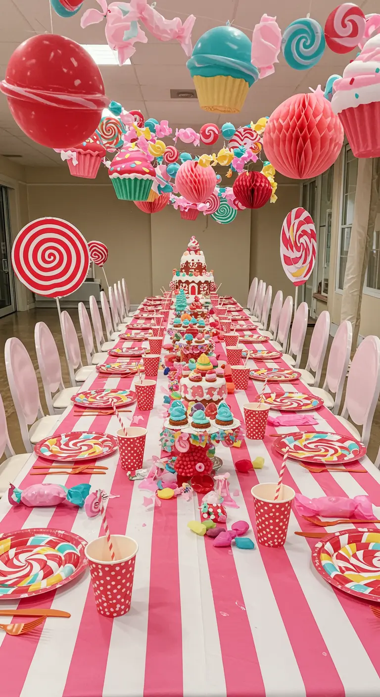 Longue table rose et blanche sur le thème des bonbons, avec décorations suspendues.