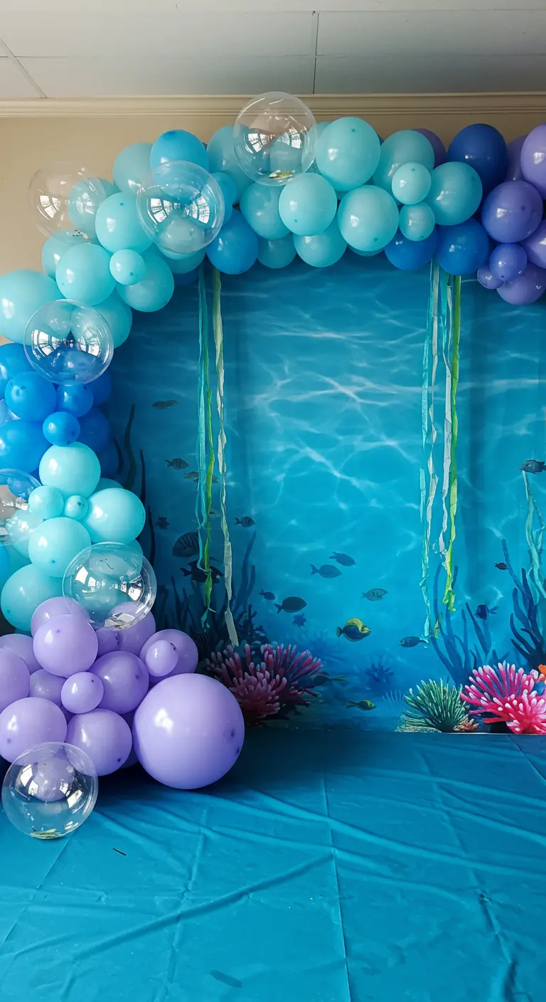 Arche de ballons bleus et violets imitant des bulles devant un fond sous-marin.