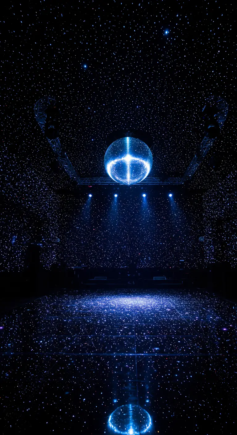 Une boule disco bleue dans une pièce sombre dont les murs et le plafond scintillent.