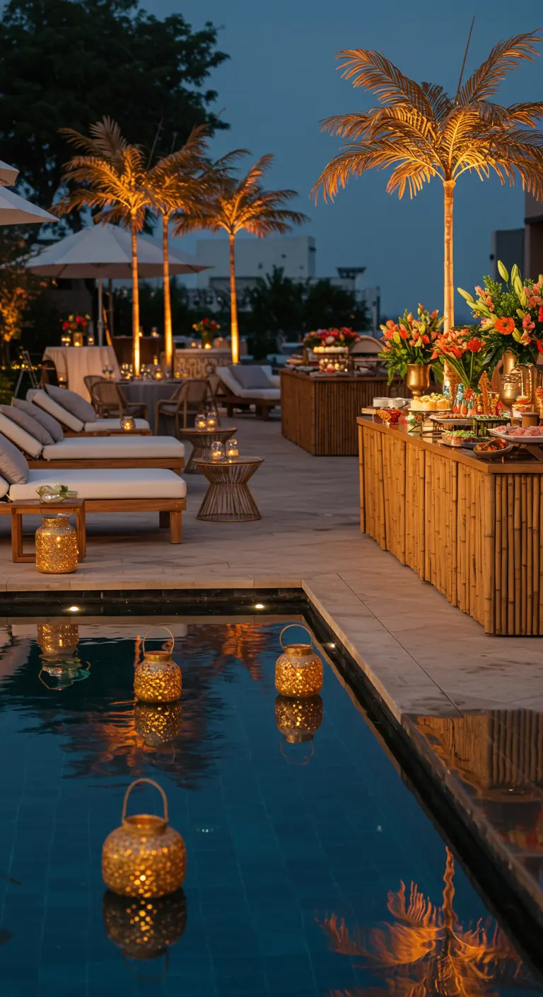 Ambiance piscine nocturne avec buffets en bambou, transats clairs et lanternes dorées flottant sur l'eau.