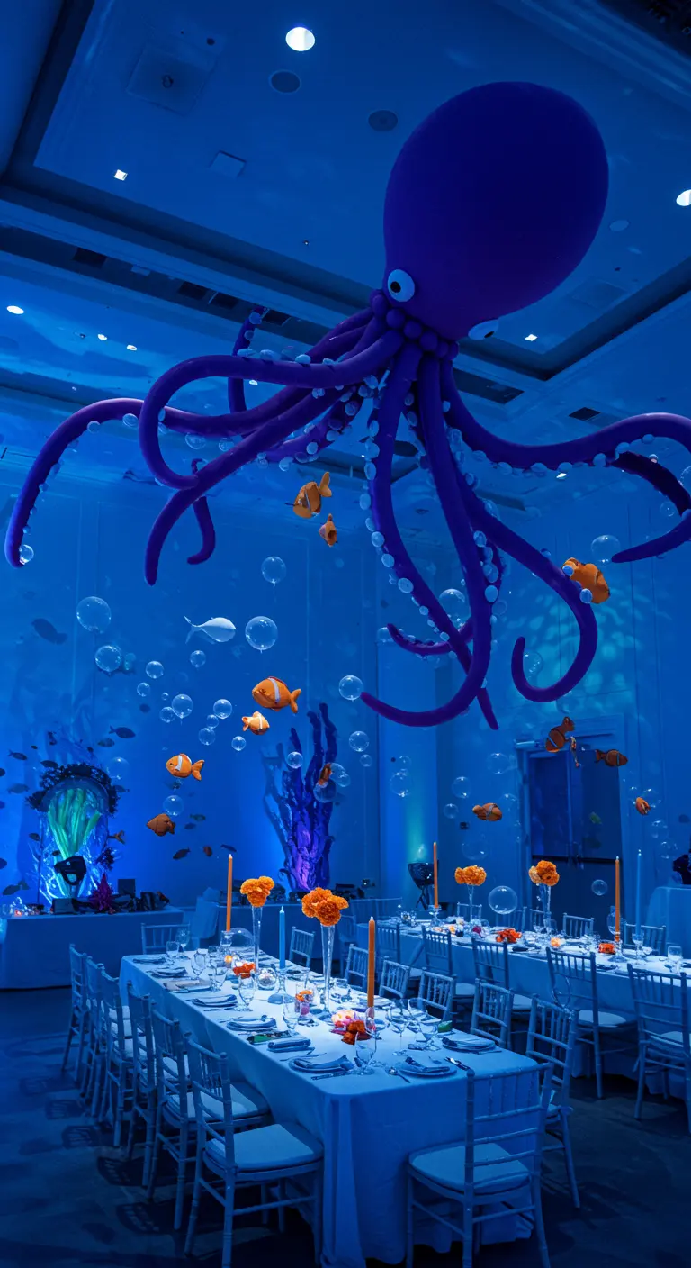 Une pieuvre géante en ballons violets suspendue au-dessus des tables dans une salle bleue.