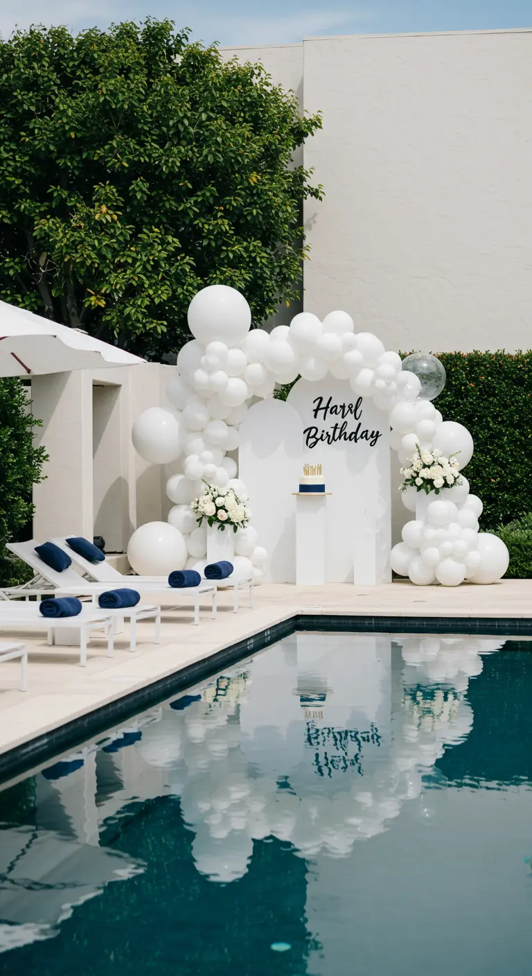Arche de ballons entièrement blancs près d'une piscine pour une fête d'anniversaire.