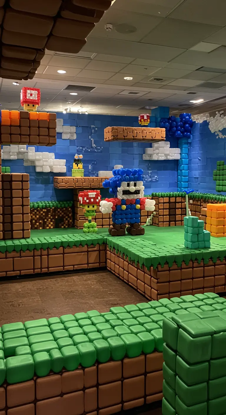 Une scène du jeu vidéo Super Mario entièrement recréée avec des ballons cubiques.