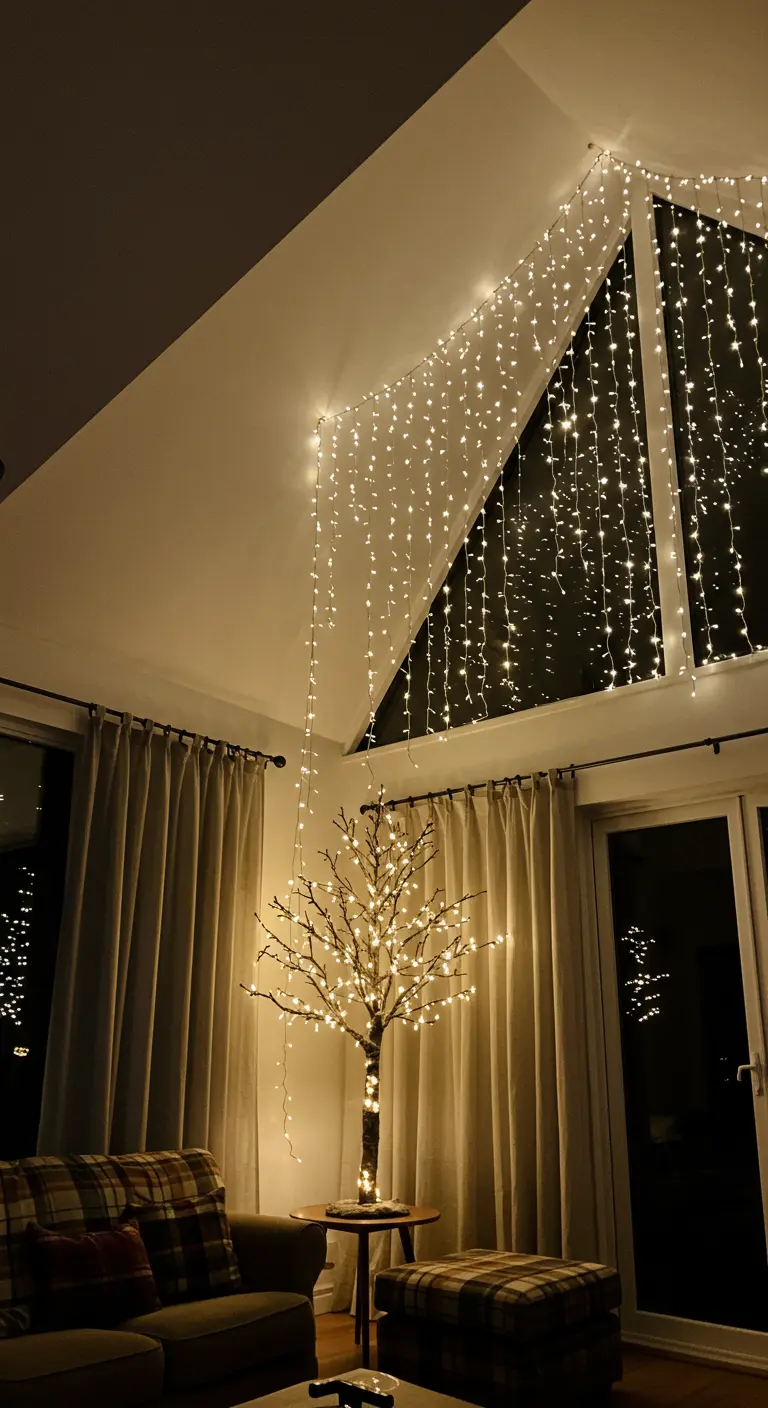 Plafond haut avec des rideaux de lumières et un arbre lumineux.