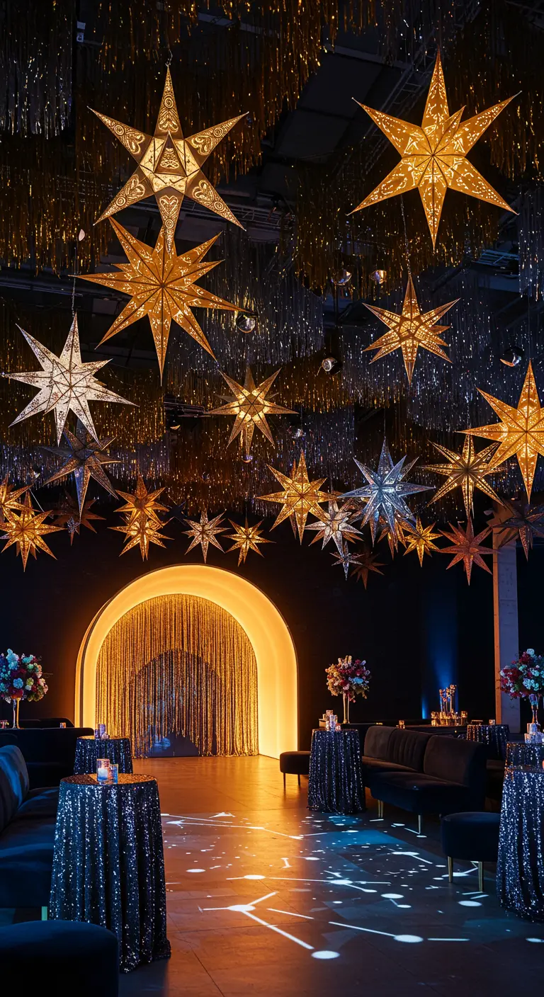 Plafond décoré d'étoiles suspendues et de rideaux brillants dans une salle de réception.