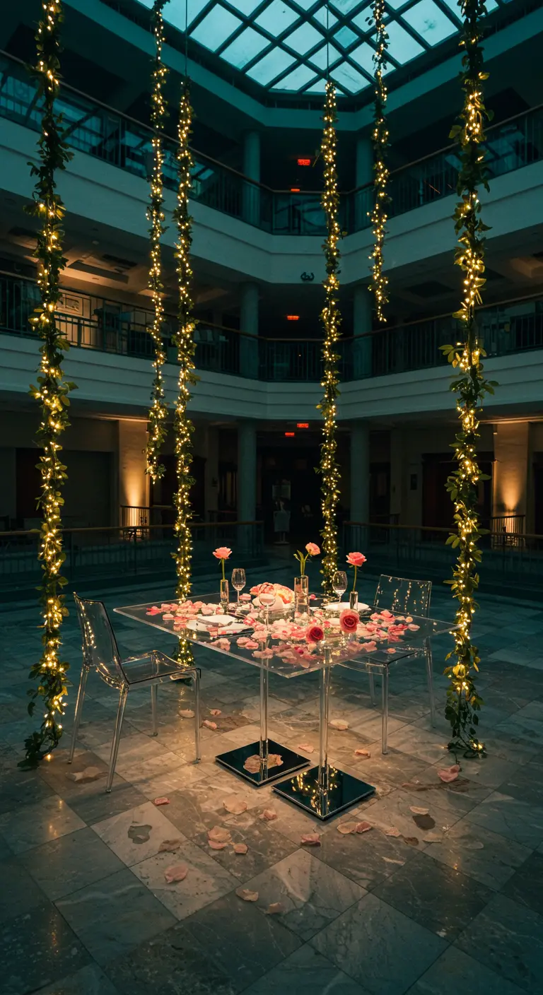 Table en verre dans un atrium moderne avec des cascades de lumières.