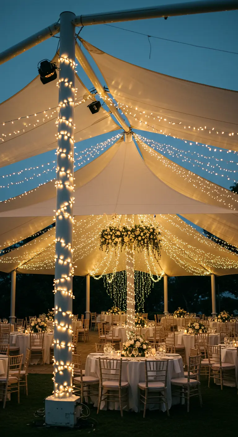 Grande tente de réception décorée d'innombrables guirlandes lumineuses créant un effet étoilé.