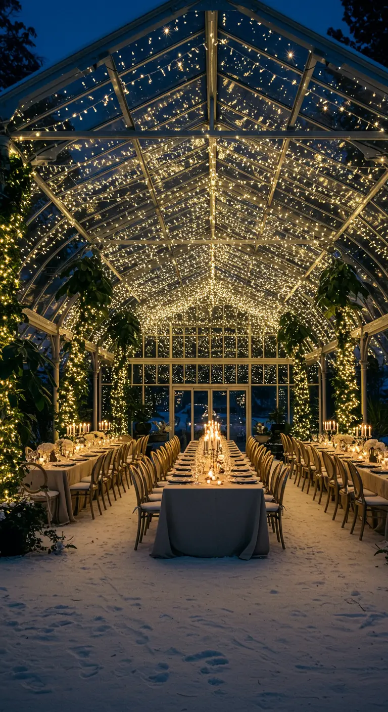 Longue table de dîner dans une serre dont le toit est couvert de guirlandes lumineuses.