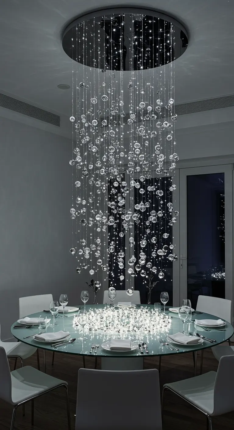 Table ronde en verre sous un lustre de boules de cristal en cascade.