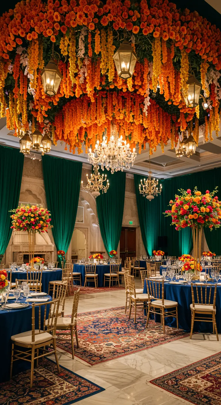 Plafond couvert de guirlandes de fleurs orange au-dessus de tables de réception.