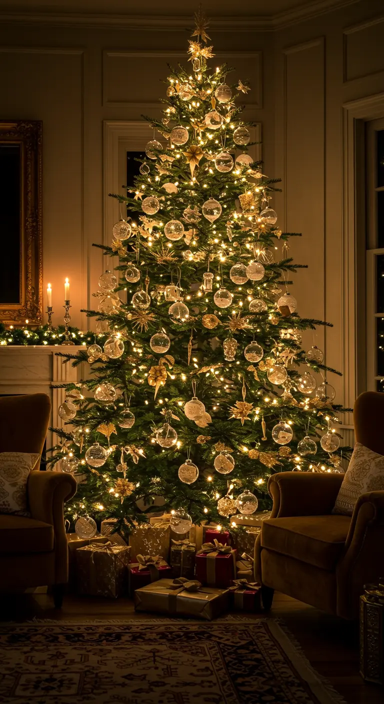 Un sapin de Noël majestueux décoré de boules dorées et transparentes.
