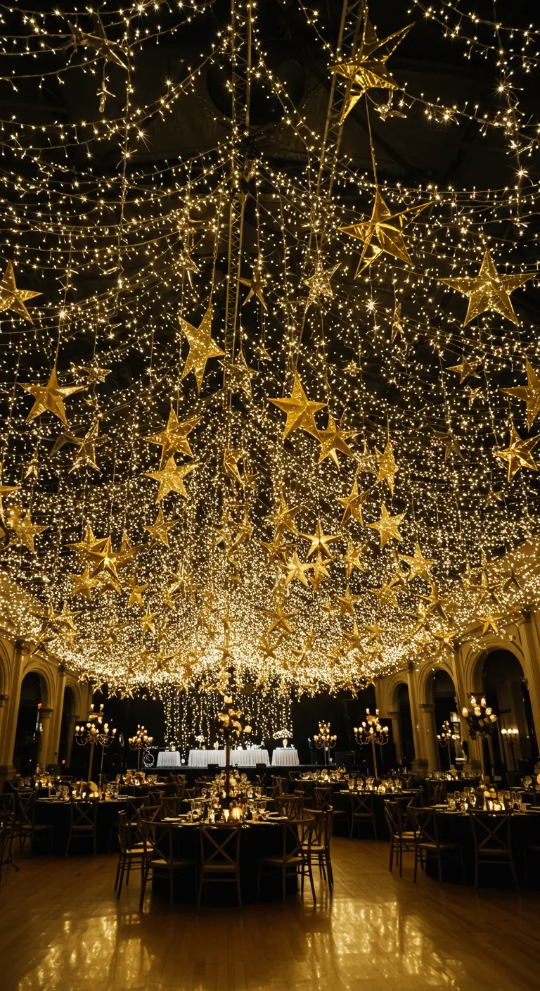 Plafond d'une salle de bal couvert de guirlandes lumineuses et d'étoiles dorées suspendues.