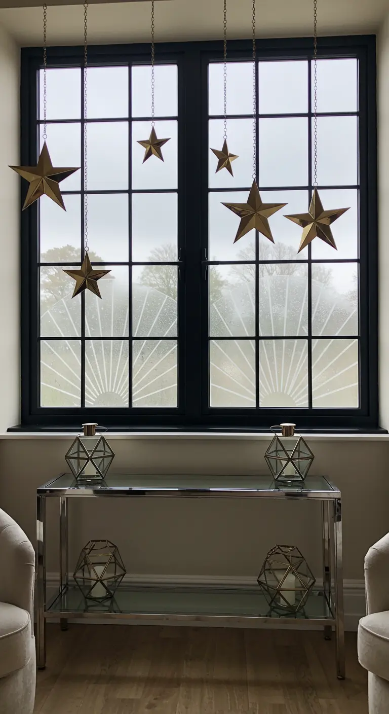 Étoiles dorées en 3D suspendues par des chaînes devant une fenêtre à croisillons noirs.