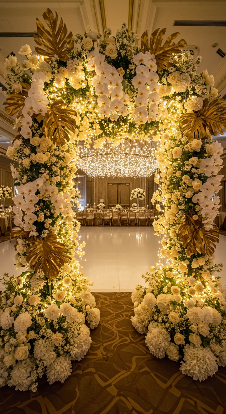 Arche de mariage opulente avec fleurs blanches, feuilles dorées et nombreuses lumières.