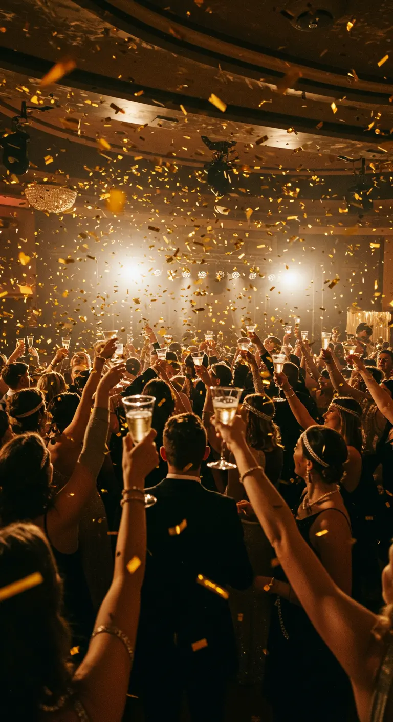 Une foule en liesse trinquant sous une pluie de confettis dorés.