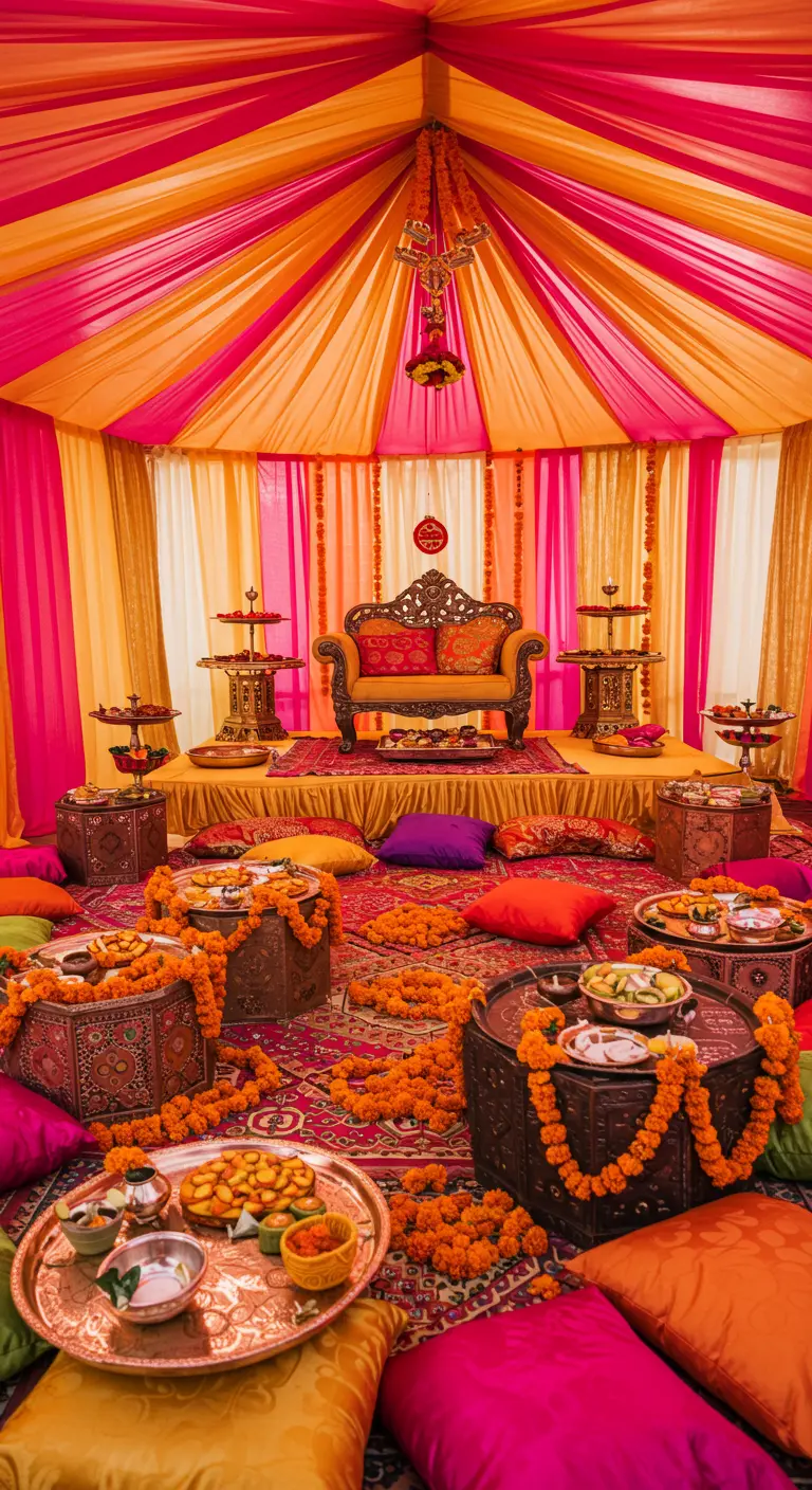 Décor de fête indienne avec des drapés et des guirlandes de fleurs orange.