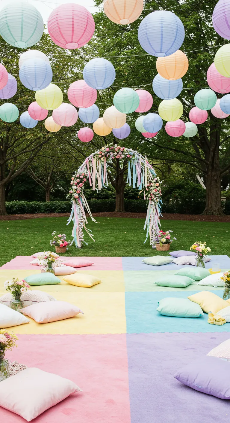 Décor de fête en plein air avec des dizaines de lampions pastel suspendus et des coussins au sol.
