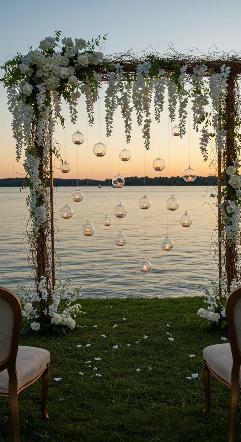 Arche en bois au bord d'un lac avec des boules de verre et des bougies suspendues.