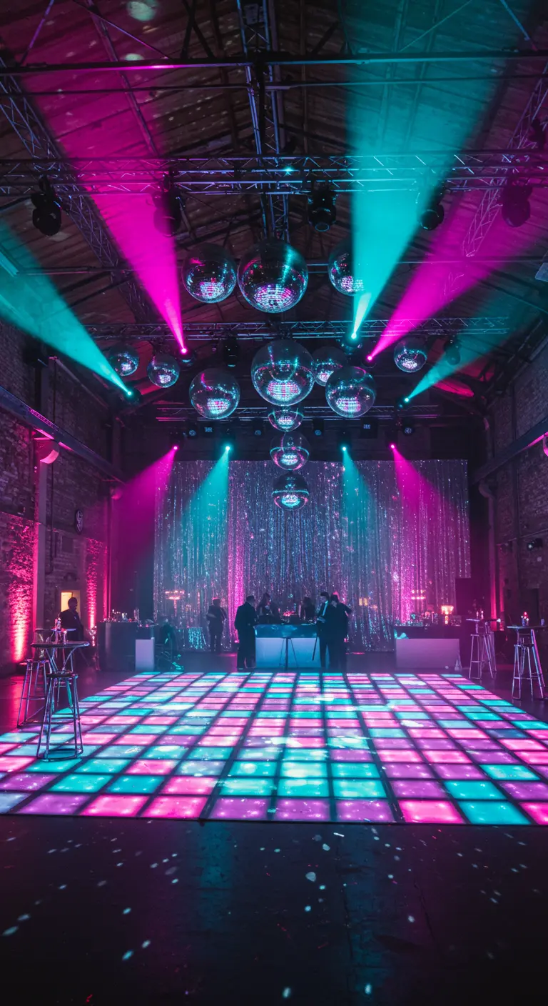 Piste de danse lumineuse rose et bleue sous une grappe de boules à facettes.