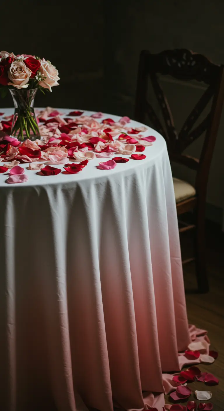 Table ronde recouverte d'une nappe blanche et d'une cascade de pétales de rose.