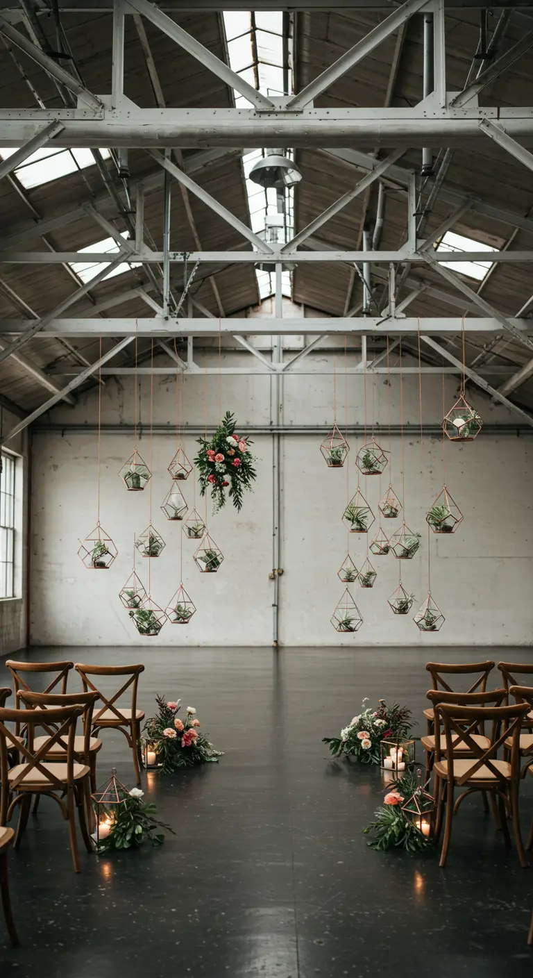 Des terrariums géométriques suspendus forment une allée de cérémonie.