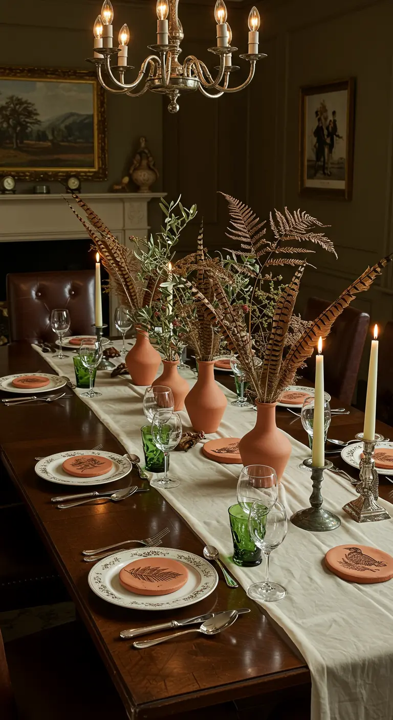 Longue table en bois avec chemin de table blanc, vases en terre cuite, plumes décoratives, branches et bougies.