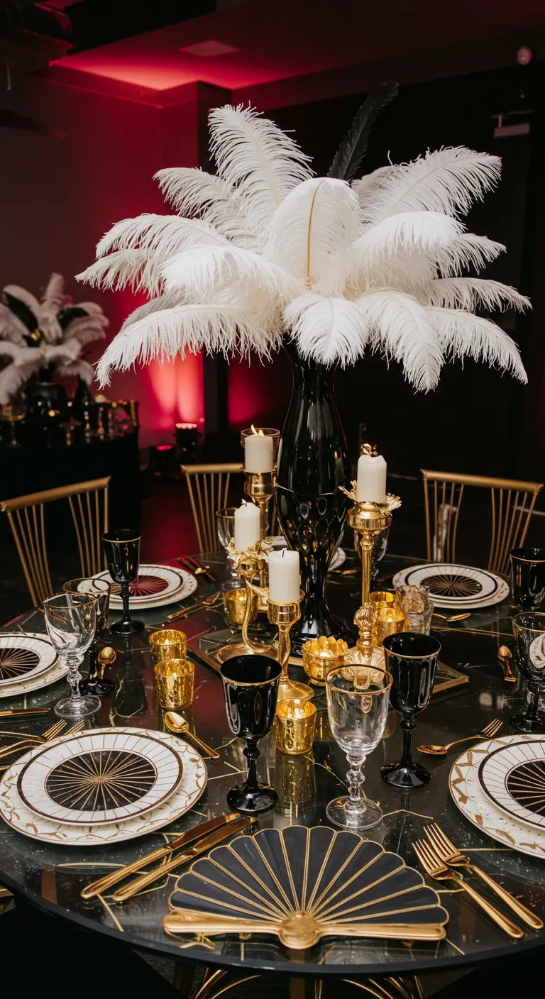 Table de fête style Gatsby avec plumes blanches, vaisselle Art déco noire et or.