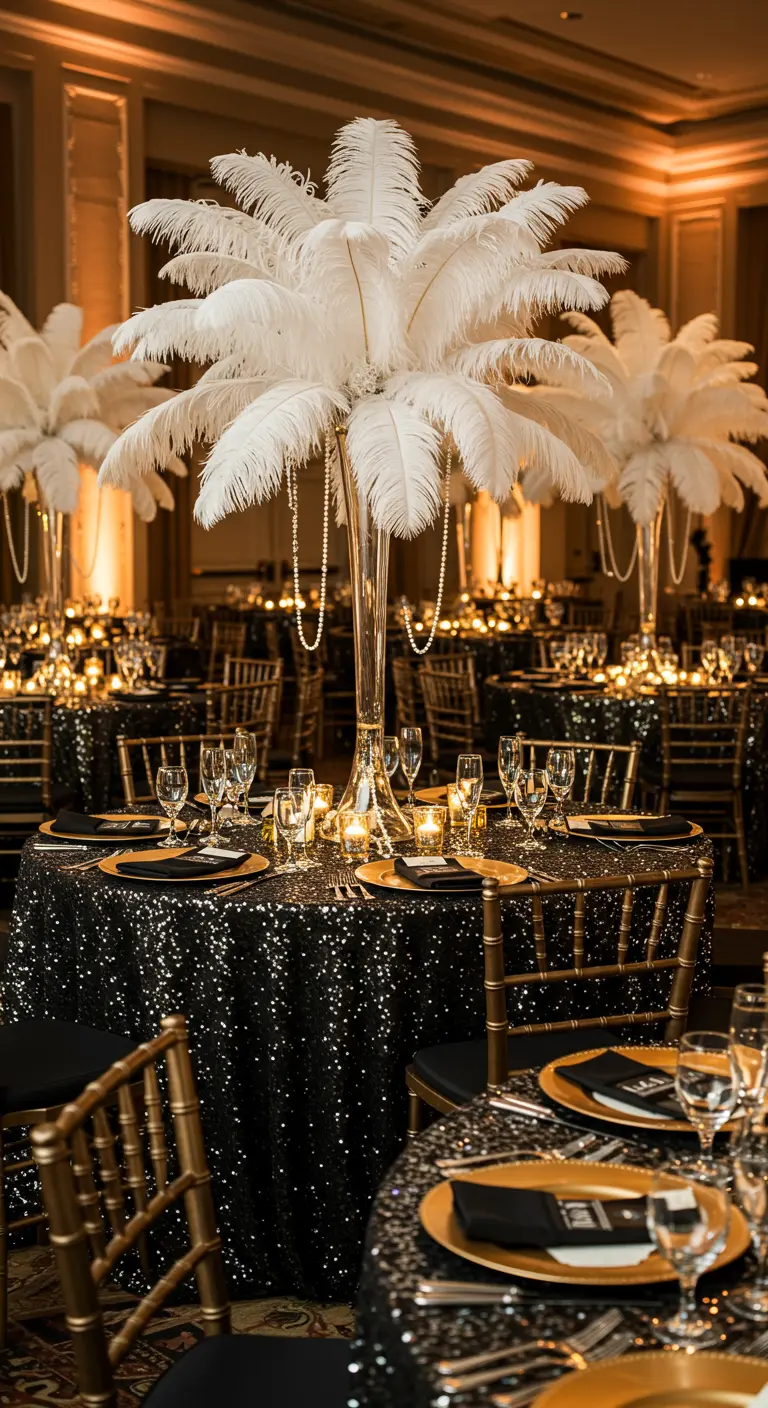 Décoration de table de fête style Années 20 avec des centres de table en plumes d'autruche et des nappes à sequins.
