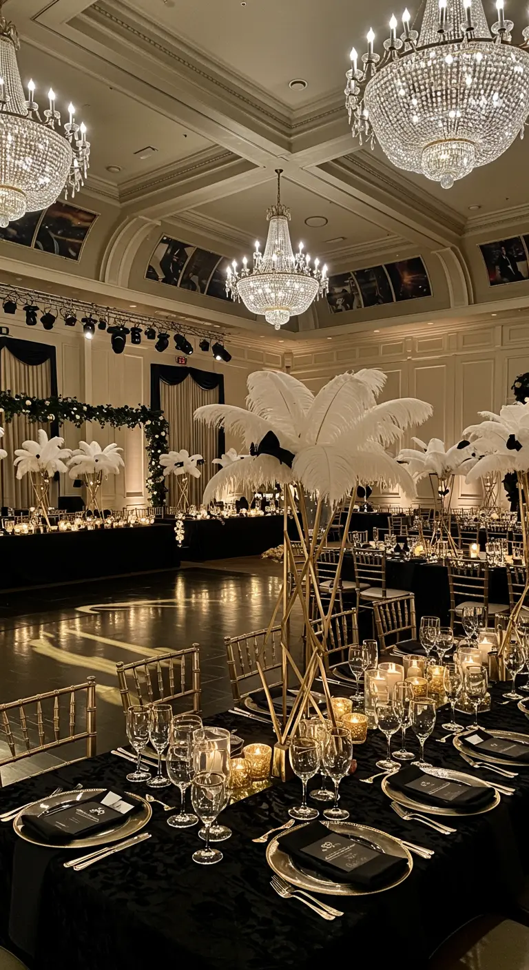 Salle de bal luxueuse décorée en noir et or avec des centres de table à plumes.