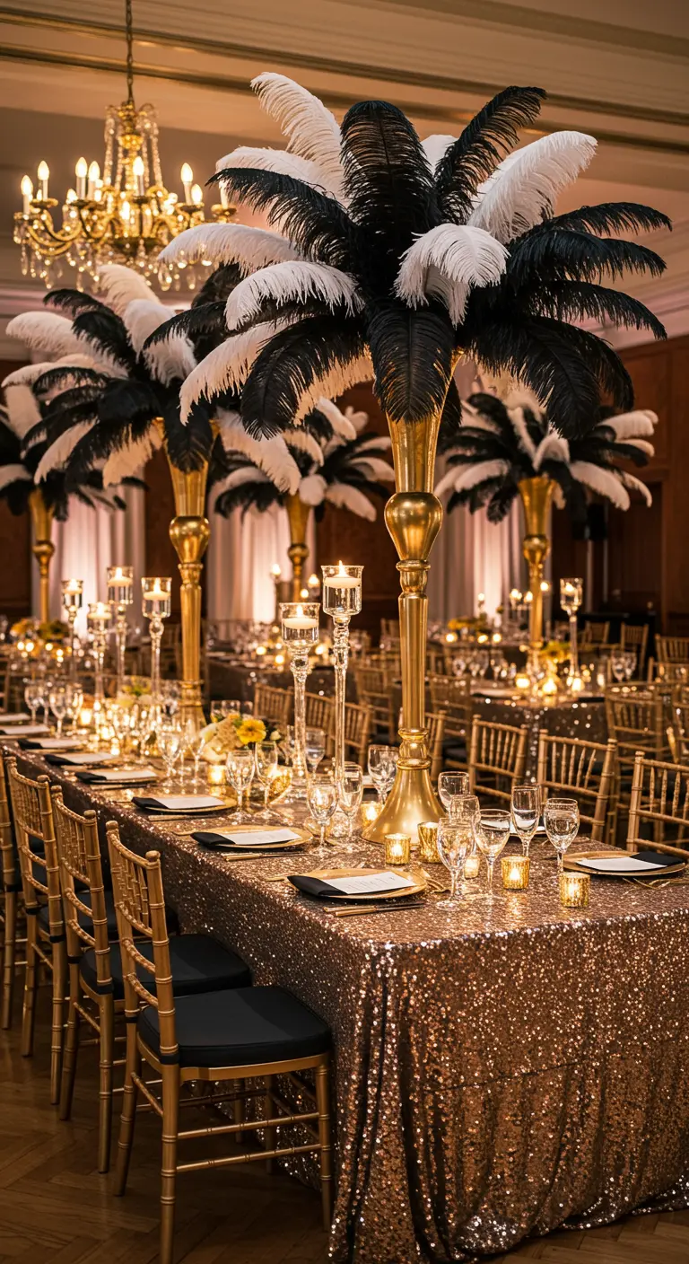 Table de réception avec de hauts centres de table en plumes noires et blanches.