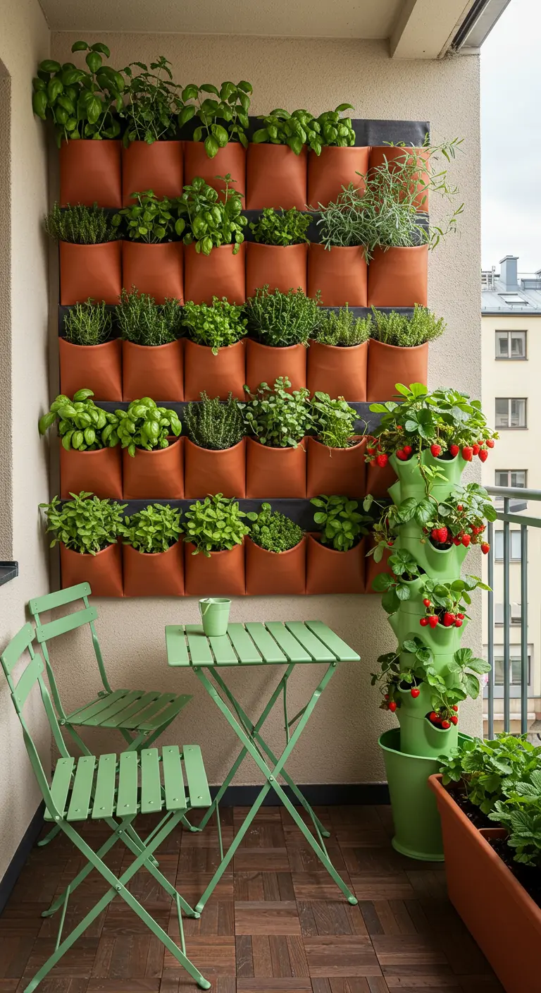 Poches murales en feutre remplies d'herbes aromatiques, tour à fraises, mobilier vert.