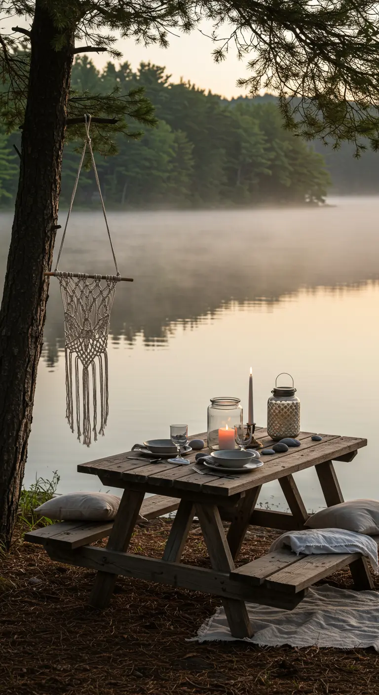 Table de pique-nique au bord d'un lac brumeux, avec une bougie et un macramé.