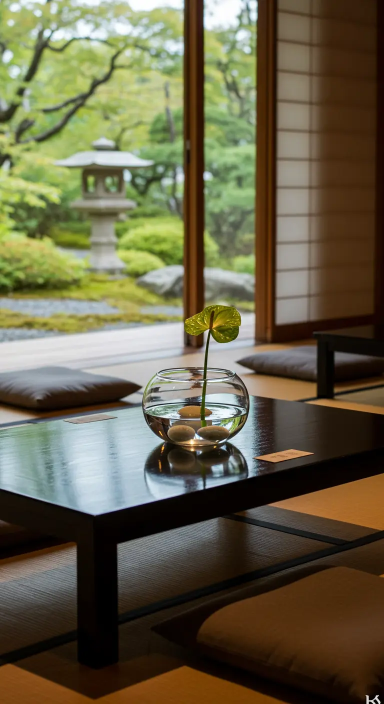 Table basse japonaise avec un anthurium solitaire dans un bocal en verre rond.