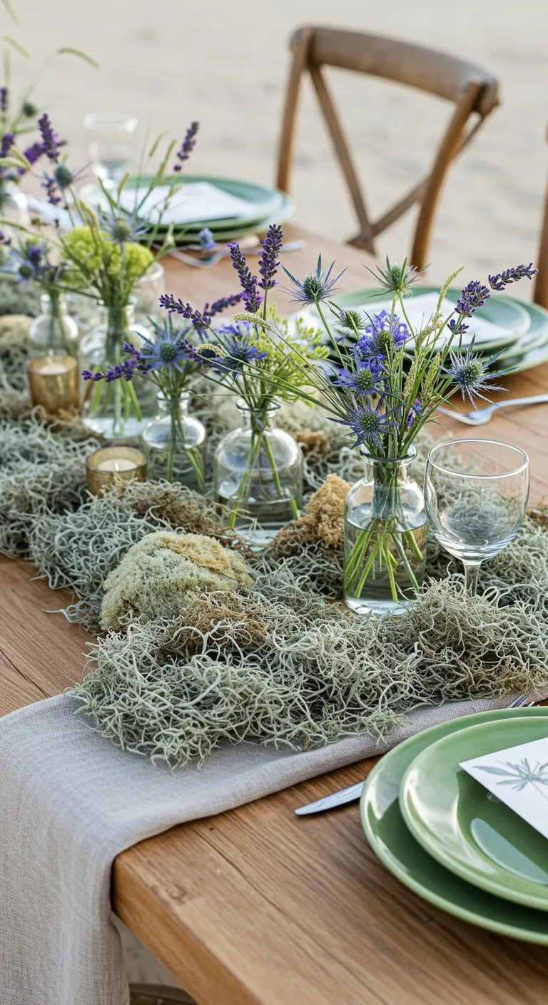 Centre de table avec de la mousse espagnole et de petits vases de fleurs bleues et violettes.