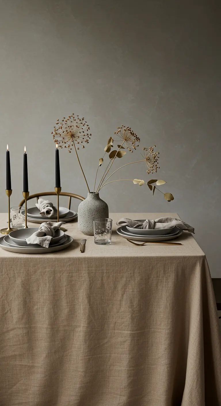 Table dressée avec une nappe en lin, des bougies noires et un vase de fleurs séchées.