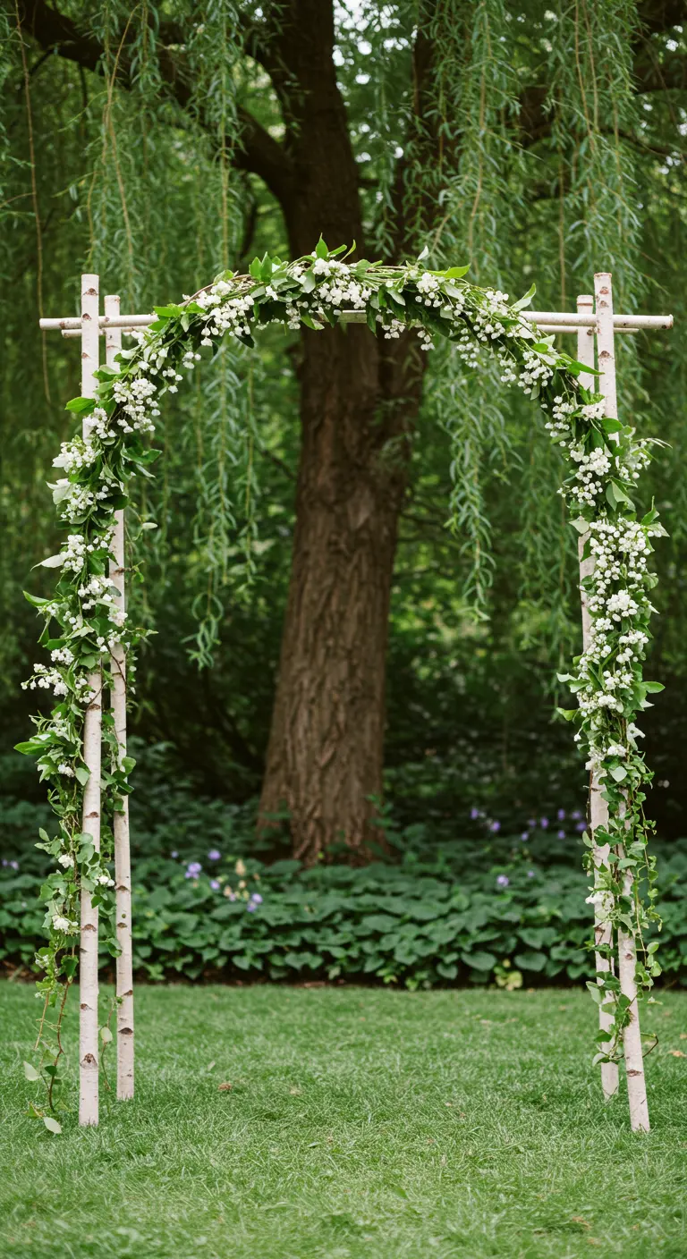 Arche de mariage en branches de bouleau avec de délicates fleurs blanches et du lierre.